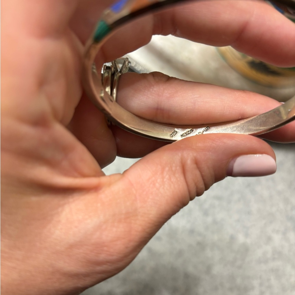 Vintage Taxco Mexico Sterling Multi Stone Inlay Hinged Bangle Bracelet 925 - Picture 4 of 8